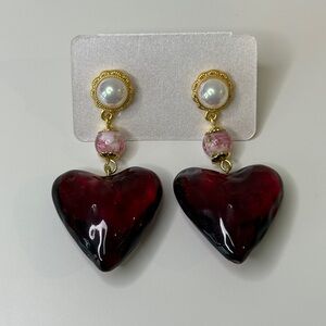Gold Pearl & Burgundy Heart Drop Earrings - Women Jewelry